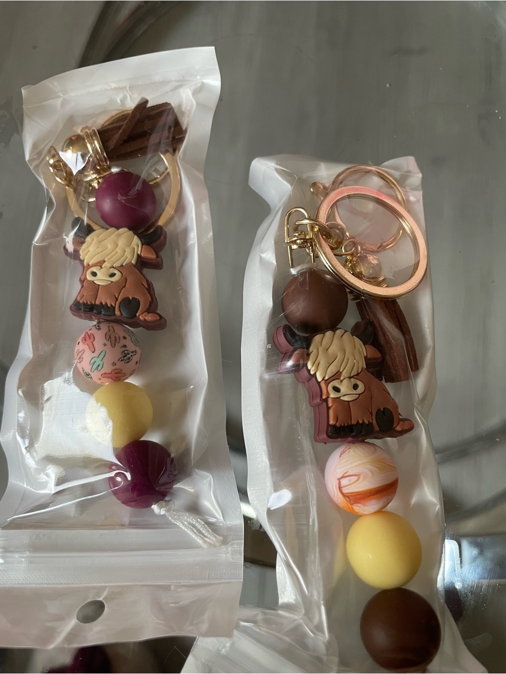 Highland Cow Beaded Keychain with Tassel - Yellow, Brown, Plum